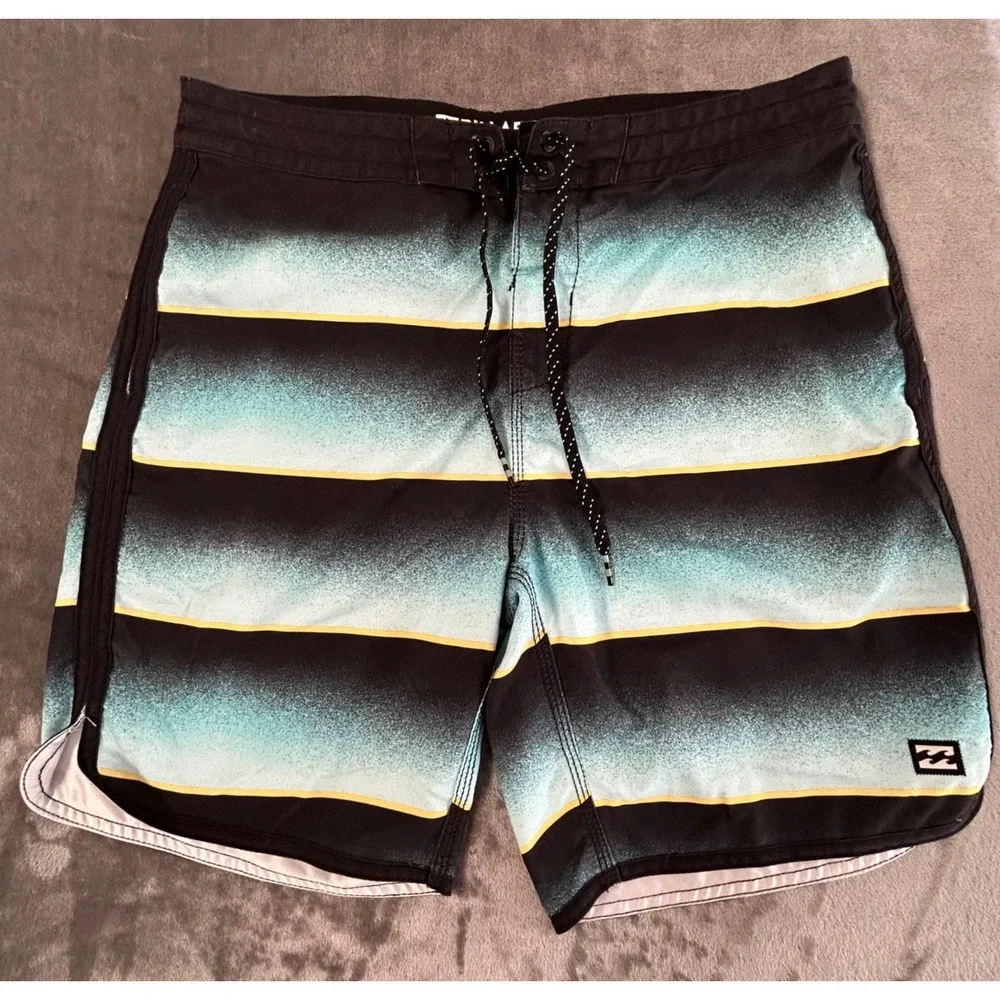 Billabong Originals 73 Mens 33 Board Shorts Aqua Black Yellow Stripe Surf Swim